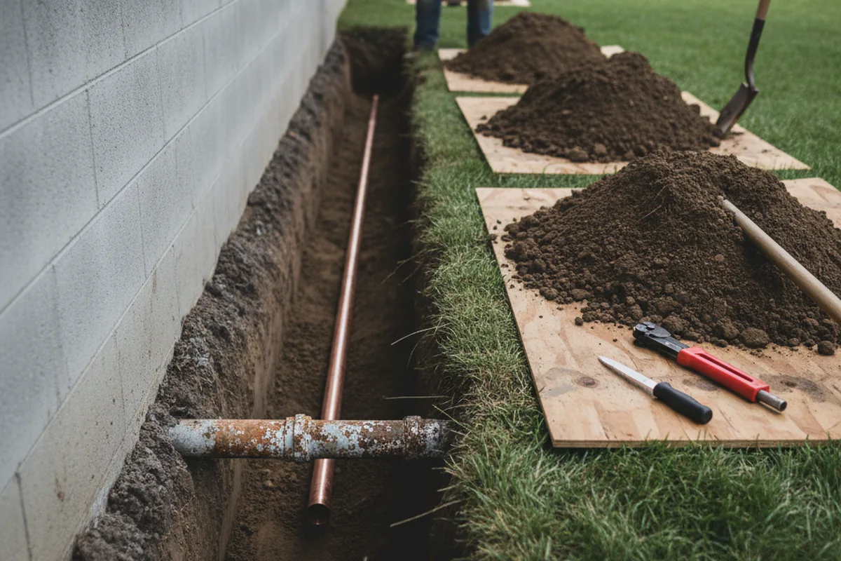 Excavated water line trench during Water Heater Repair in Jarratt